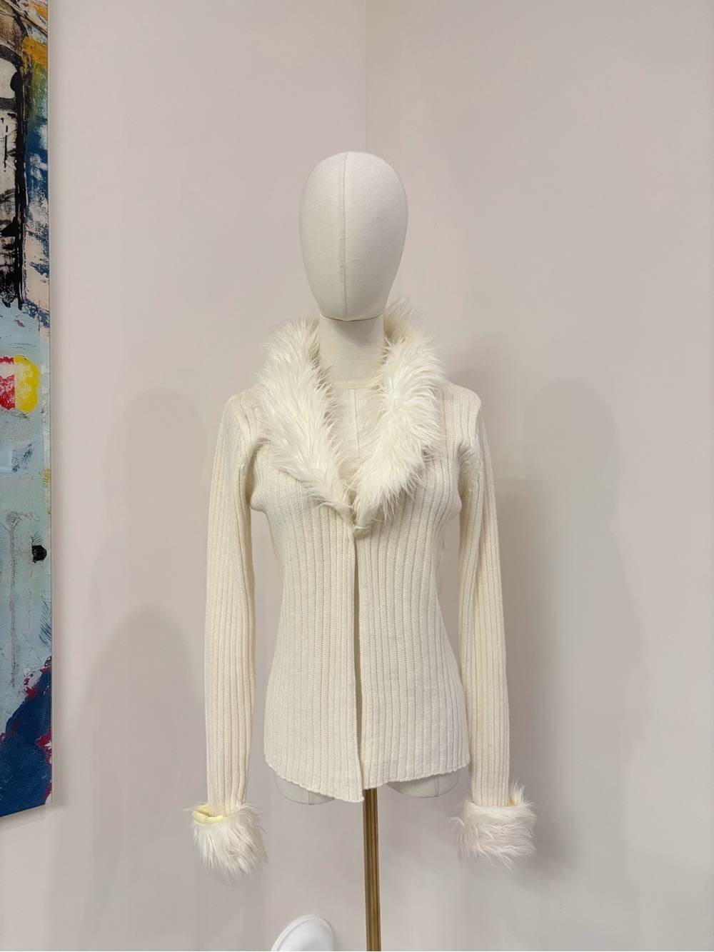 Allison Brittney Cream Faux Fur Trim Ribbed Cardigan